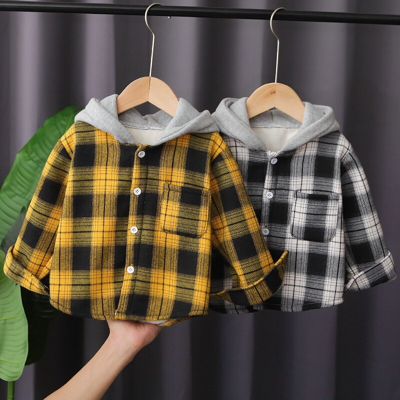 Kinderen Jassen Kinderkleding Jongens Plus Fluwelen Winter Enkele Stuk Plaid Shirt Lange Mouwen Capuchon kinderen