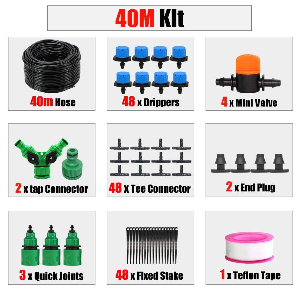 RBCFHl 1/4'' Blue Adjustable Drip Irrigation Nozzle Watering System Stop to Large Water Garden Patio Micro Kits: 40m