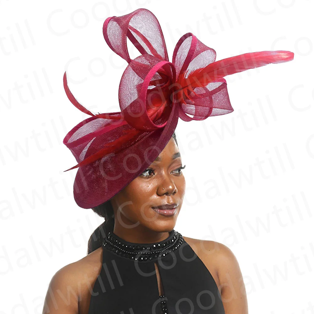 Wedding Party Veil Hair Fascinator Hats Laides Cocktail Bride Marriage Headpiece Ladies Cocktail Race Chapeau Cap With Headband: wine red
