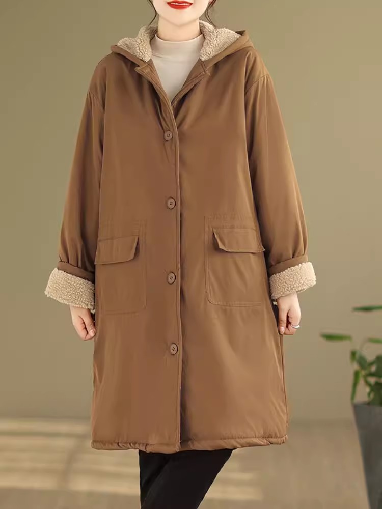 Rysk stil plus sammet tjock varm lång parkas vinter litterär bomullsvadderad kappa huva ytterjackor för kvinnor: Xxxl / Brun