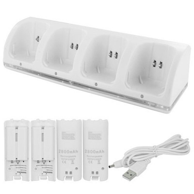 Wit Batterij oplader stand 4x Oplaadbare Batterij + Quad 4 Dock Station Charger Kit voor Wii Remote Controller