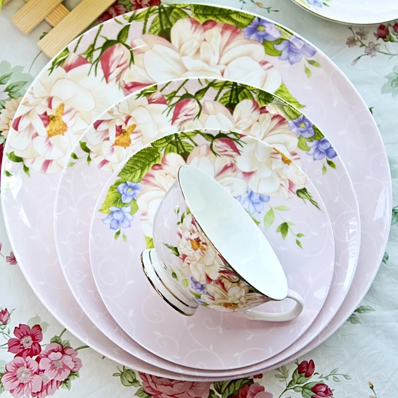 Blauw En Roze Bloemen Servies Set Servies Bone China 10.5 Inch Diner Plaat 8 Inch Salade 6 Inch Dessert plaat Schotel