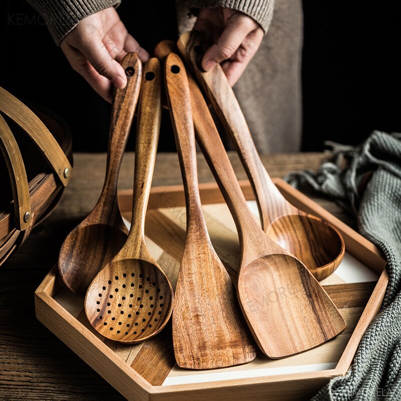 Tailândia teca de madeira natural utensílios de mesa colher colher turner longo arroz escorredor sopa skimmer cozinhar colheres colher cozinha conjunto de ferramentas