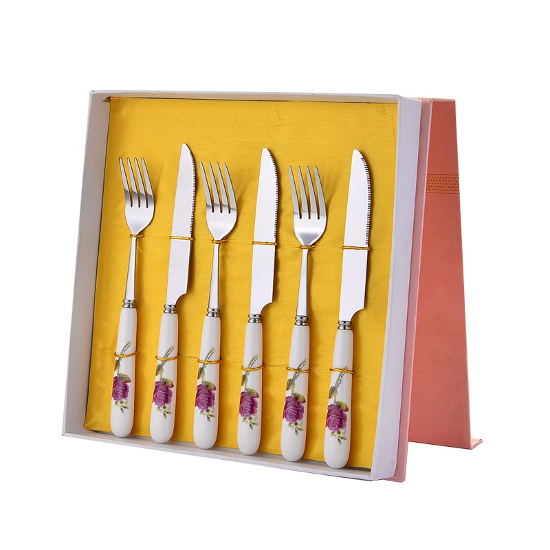 Tableware set Stainless steel Ceramic Steak Knife and Fork full set of Cutlery Spoon 6-pieces