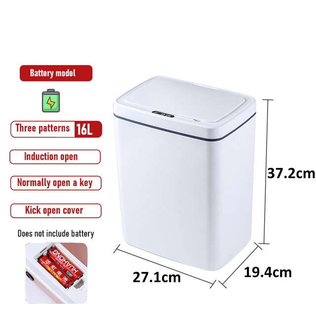 16L Intelligent Trash Can Automatic Sensor Dustbin Sensor Electric Waste Bin Home Rubbish Can For Bedroom Kitchen Bathroom Garba: NO battery white