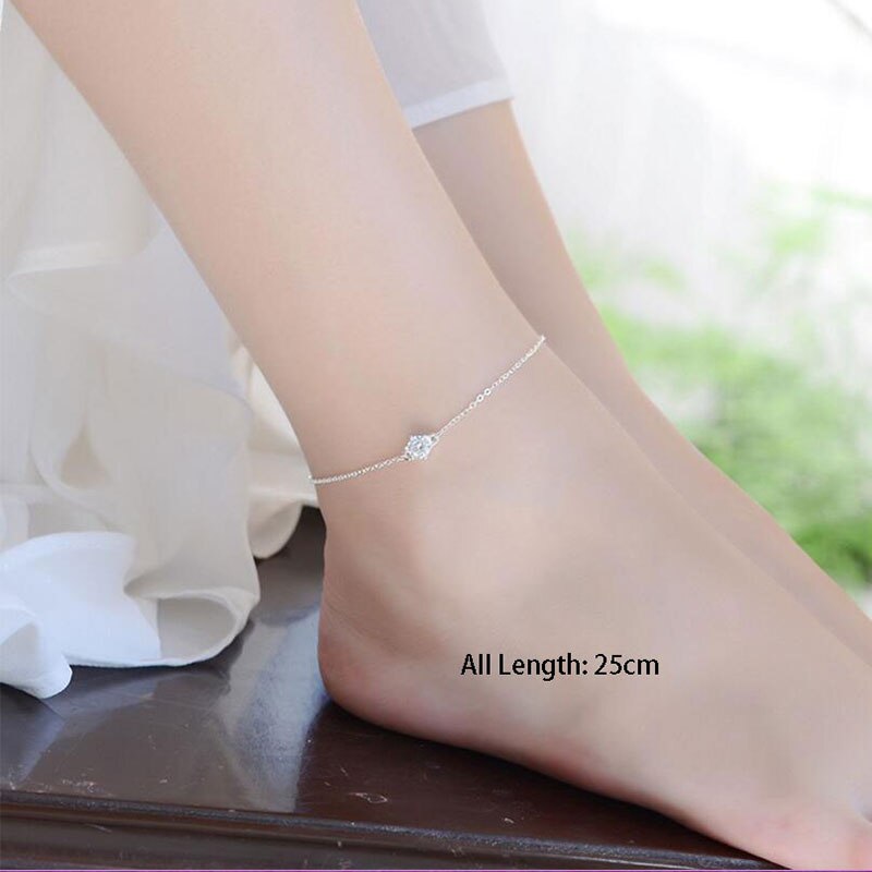 Anenjery Eenvoudige Zilveren Kleur Enkelbandje Armband Voor Vrouwen Super Glanzend Zirkoon Chian Armband Sieraden S-B133