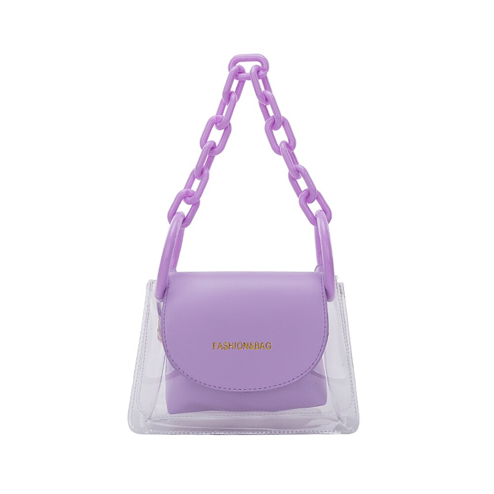 Transparent PVC Crossbody Bag Women PU Acrylic Chain Ladies Shoulder Messenger Flap Handbags: Purple