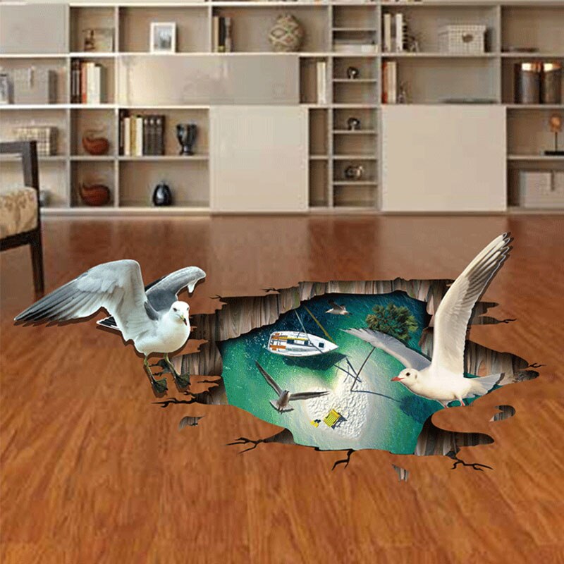 3D stéréo cassé trou mouette Stickers muraux chambre salle de bain sol décalcomanies vinyle imperméable auto-adhésif Animal autocollant décor