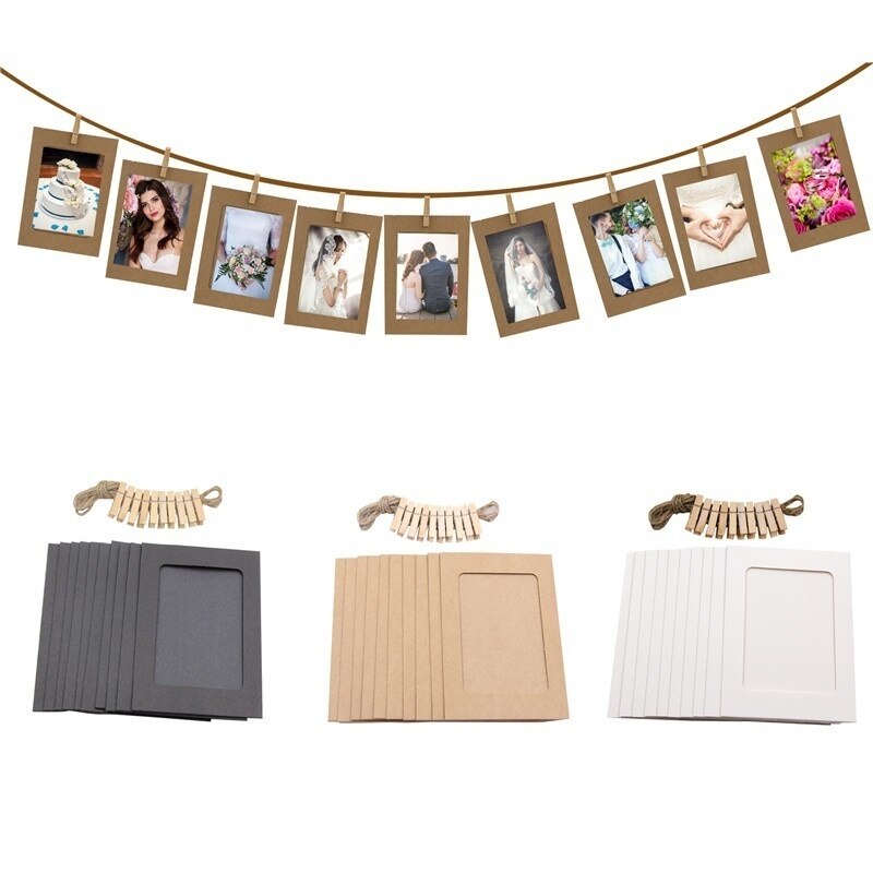 10 Pcs Diy Kraftpapier Fotopapier Frame Met Clips Foto Opknoping Muur Foto Album Touw Familie Geheugen Frame Thuis decor Craft
