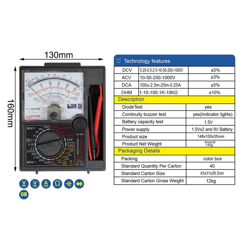 YX360TRD Pointer Multimeter Analoge Meter Met AC DC Volt Ohm Huidige Capaciteit Resistance Tester Elektrische Multitester