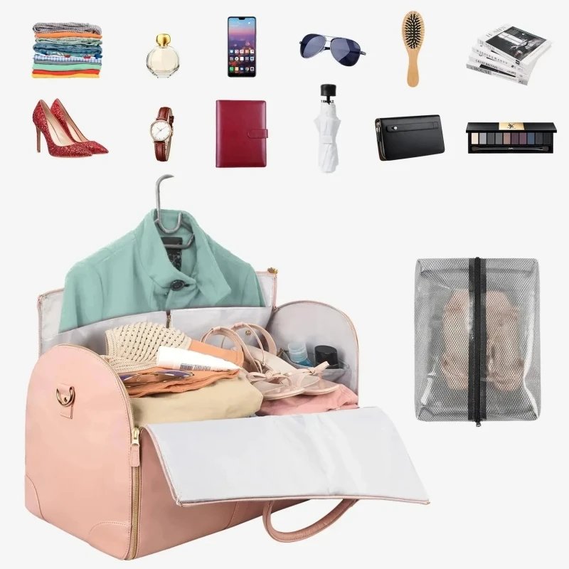 Bolso de viaje plegable para mujer, práctico bolso de mano para ropa, bolso de lona grande de cuero PU, bolso de viaje de negocios para mujer