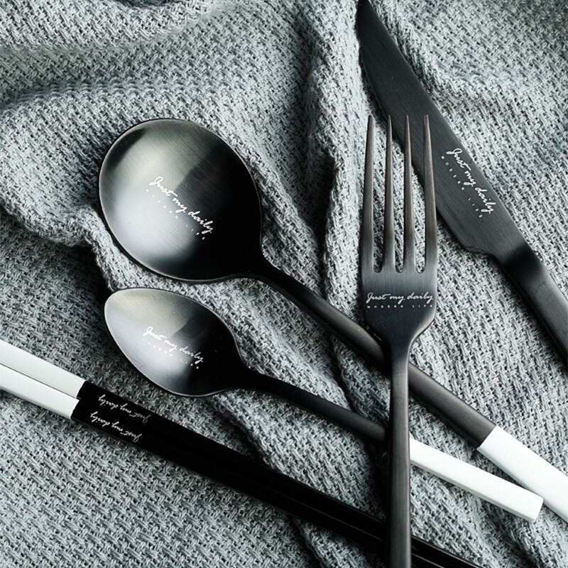 Nordic Stainless Steel Cutlery Set Black and White Western Tableware Knife Fork Spoon Set Chopsticks Creativedinnerware Set