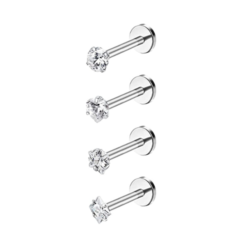 4PCS Heart Crystal Tragus Piercing Earring Set Flat Labret Piercing Set Lip Ring Lot Conch Cartilage Stud Helix Lobe Earring Set: WHITE / Light Yellow Gold Color