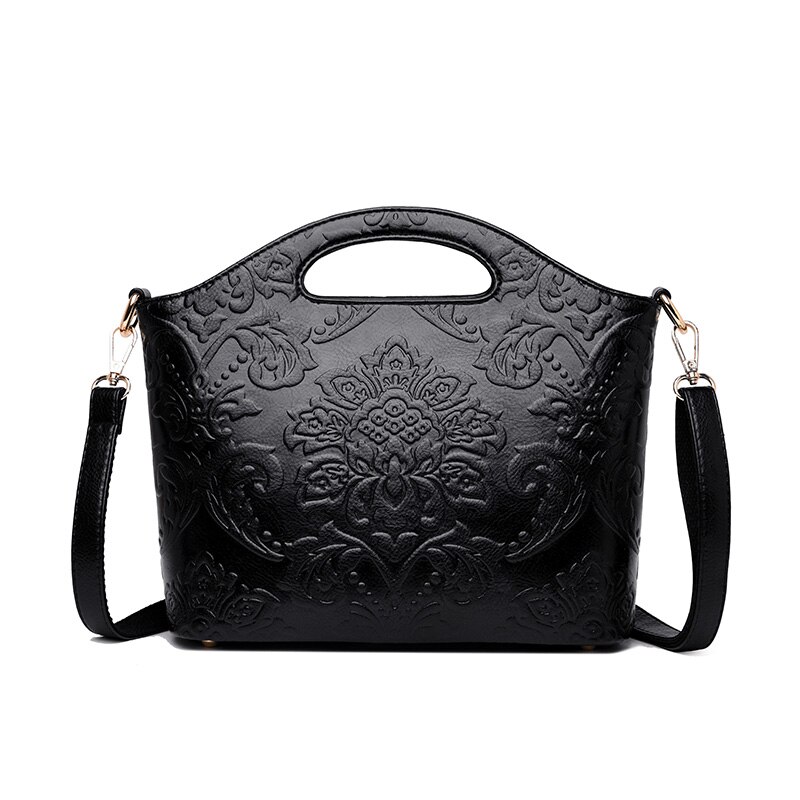 Estilo chino flor relieve de las mujeres de cuero de la PU de bandolera de hombro damas de lujo Retro de la cáscara bolsos saco: black