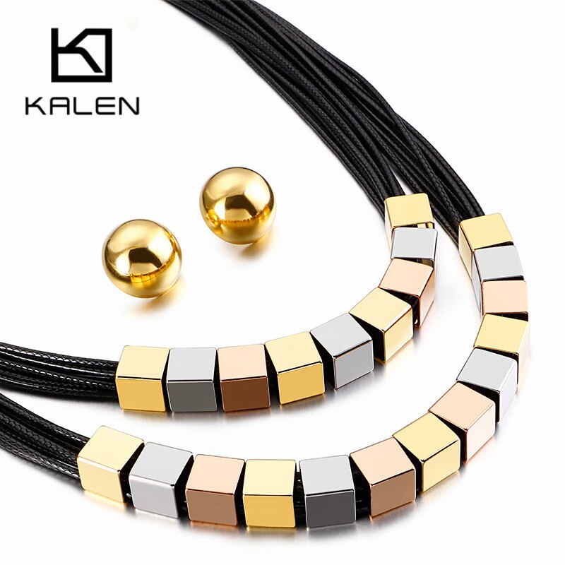 KALEN Leather Rope Choker Jewellery Multiple Color Stainless Steel Necklace Earrings Sets For Women Dubai Femme Jewelry Sets