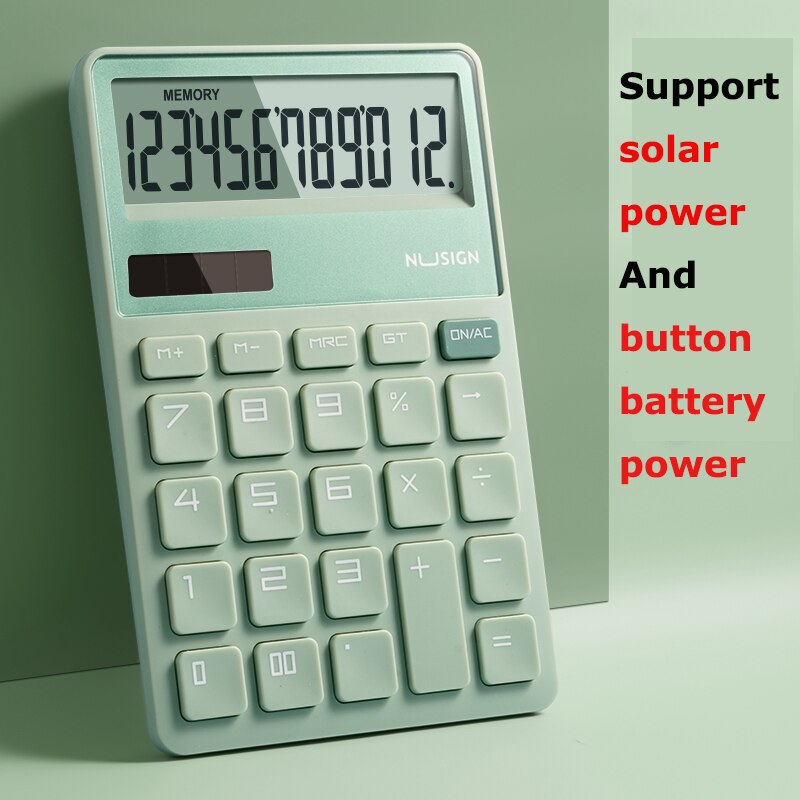 Nusige – calculatrice solaire pour bureau, affichage à 12 chiffres, double alimentation, écran large, bouton de , léger et fin: green