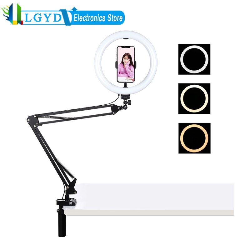 Puluz Led Ring Licht Kits Verstelbare Arm Houder Stand Usb 3 Modes Dimbare Selfie Licht Led Vlogging Fotografie Video Licht