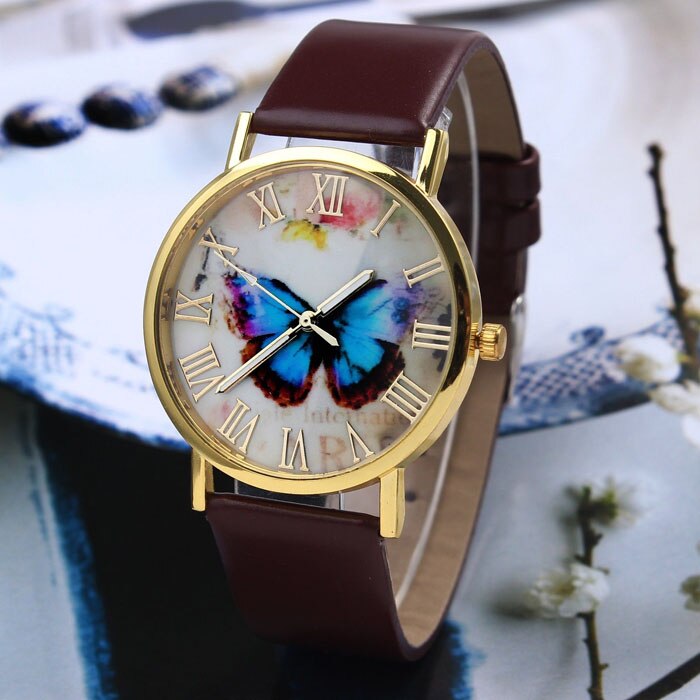 Womens Vlinder Stijl horloge Lederen Band Analoge Quartz Horloge lederen armband horloge vrouw dames montre femme