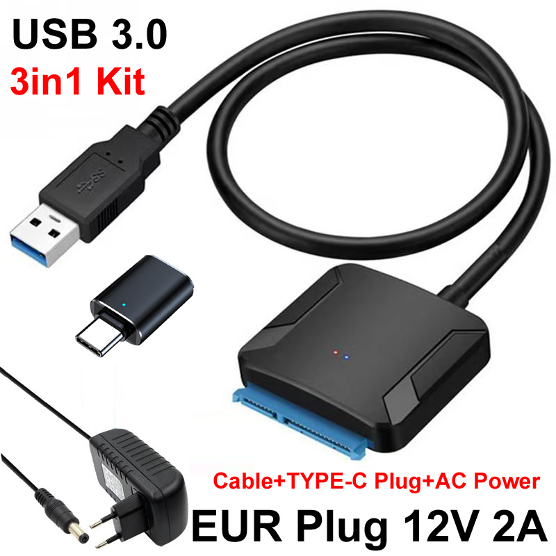 Usb 3.0 Een TYPE-C Naar Sata Kabel Sata Iii Harde Schijf Adapter Converter Voor 3.5/2.5 Inch Externe Hdd ssd 12V/2A Power Adapter: Blauw