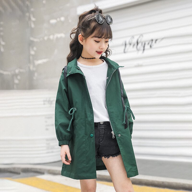 Autumn girls trench coat for kids clothes children clothing hooded solid outerwear girls clothes windbreaker 4-15Y