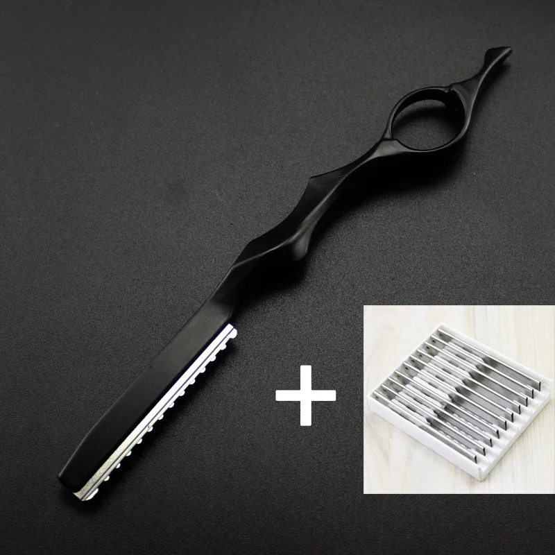 Hair Cutting Knife Thinner Thinning Razor 10 Blades Shavel Straight Salon Hairdressing Razor Stick Hair Cutter Rotary Barber Kit: black