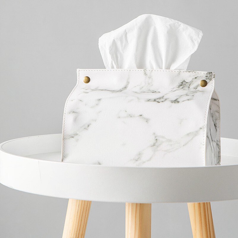 Caja para pañuelos con de mármol y cuero sintético, recipiente para pañuelos, servilletas de papel para el hogar y el coche: White-1