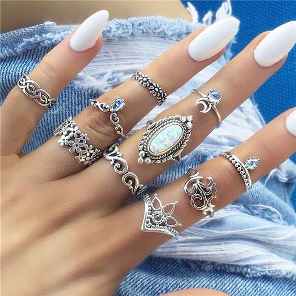 15 stks/set Vrouwen Mode Ringen Harten Fatima Handen Virgin Mary Cross Leaf Hollow Geometrische Crystal Ring Set Bruiloft Sieraden: 15248