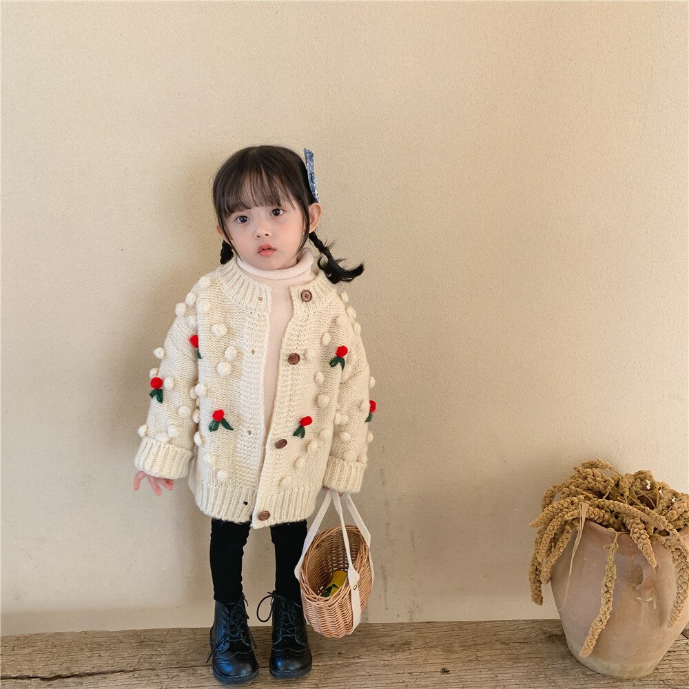 Outono crianças cardigan solto meninas camisola cereja malha criança camisola jaqueta meninas casaco roupas crianças cardigan roupas