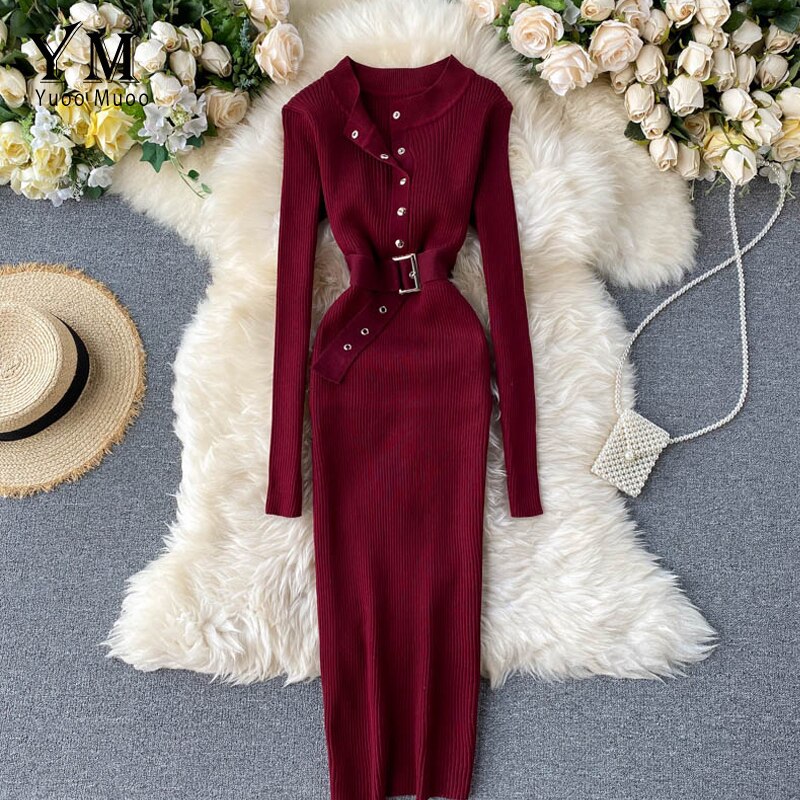 Yuoomuoo kvinder kjole o-hals knapper strikkede dame kjoler efterår vinter lange ærmer slim fit bodycon kjole kontor
