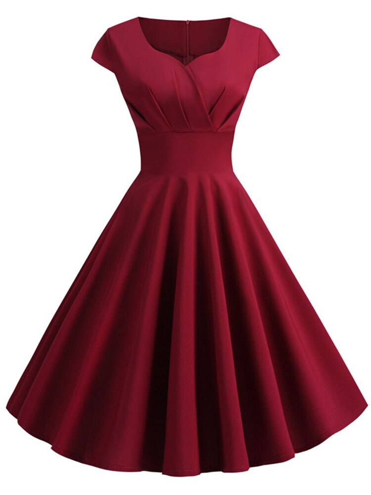 Vestido de verano de de manga corta, Pin Up, Rockabilly: XXL / WINE RED