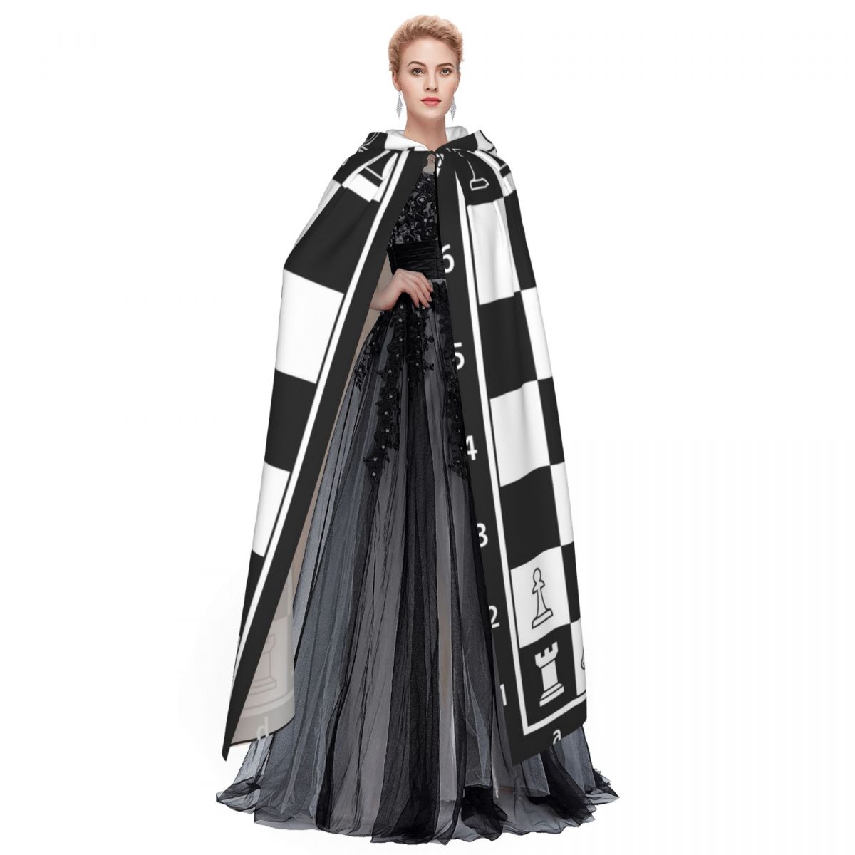 Erwachsener Umhang mit Kapuze, schwarz-weißes Schachbrett, mittelalterliches Kostüm, Hexe, Wicca, Vampir, Elfe, Purim, Karneval, Party