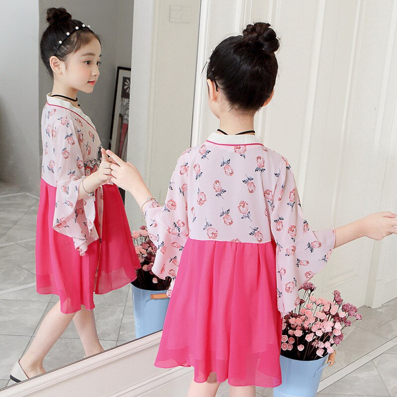 Newly Girls Fairy Dress Traditional Chinese Cheongsam Dress Kids Spring Pink Hanfu Qipao Tang Suit For Children Kids SL1023