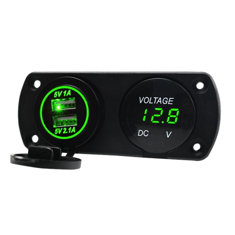 12V-24V Dual USB Charger+LED Voltmeter Car USB Socket Car Fast Charger for Motorcycle Car Marine Panel Modification: Green