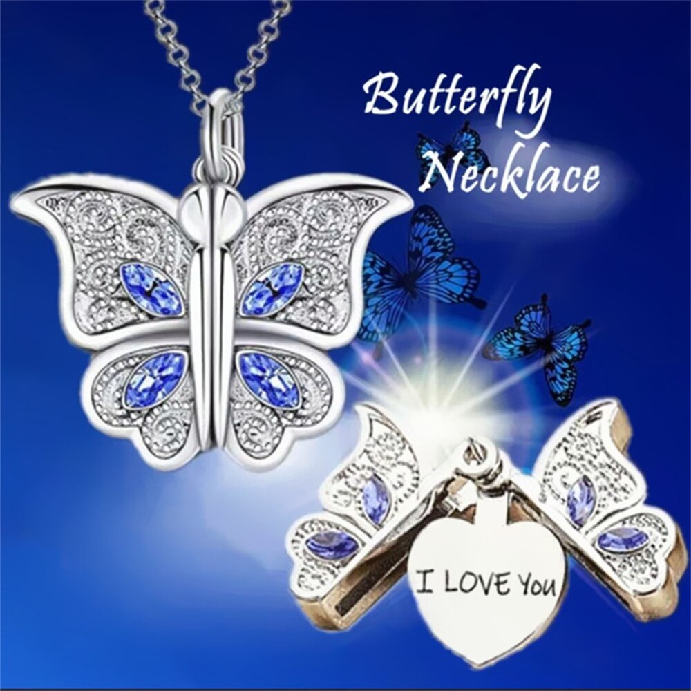 I Love U Elegante Vlinder Blauw Kristal Hanger Ketting Prachtige Mode Vrouwen Ketting Party Accessoires Anniversary