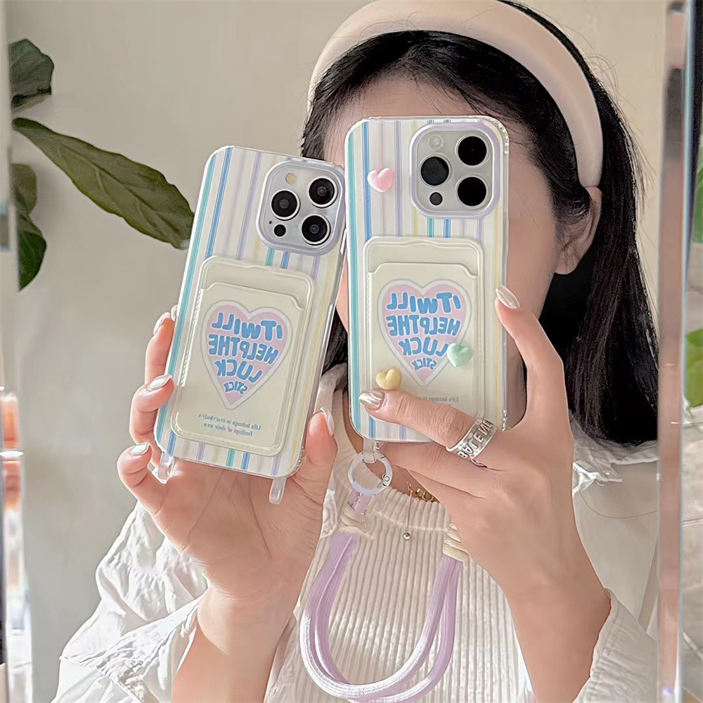 Coréen coloré 3D amour coeur carte sac lanière coque de téléphone pour iPhone 15 14 13 12 Pro Max 11 mignon Anti-chute portefeuille couverture Fundas