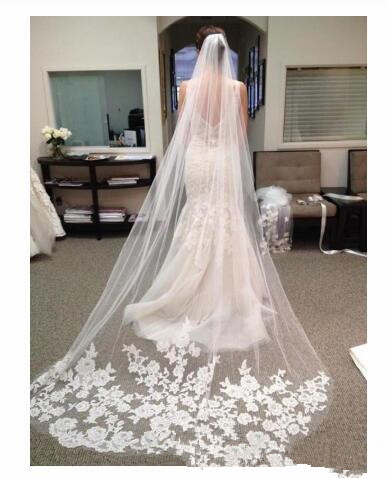 longs voiles pour mariée pas cher mariée cheveux accessoires chapelle longueur Applique Tulle mariage mariée voiles