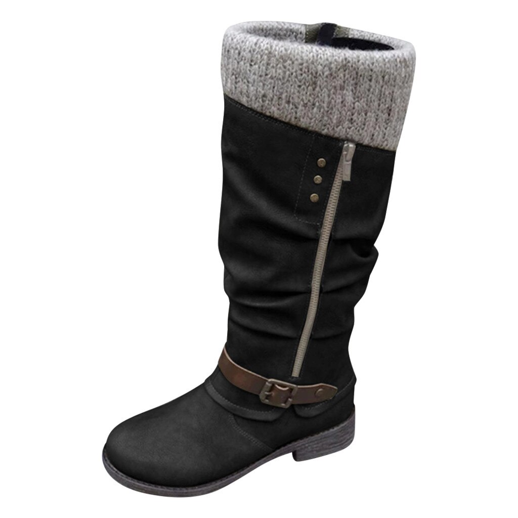Bottes femmes hiver Patchwork bottes chaussures loisirs fermeture éclair couleurs mélangées talons plats femme grande taille haute moto bottes chaussures