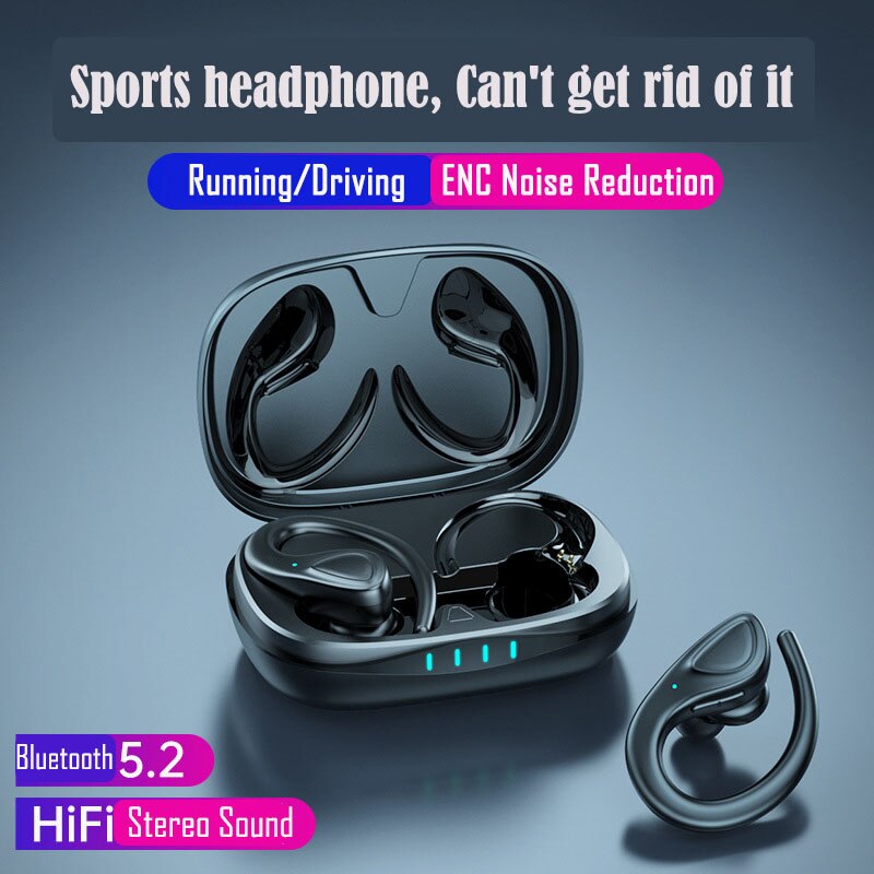 Bluetooth 5.2 Koptelefoon Met Microfoons Sport Oorhaak Led Display Draadloze Hoofdtelefoon Hifi Stereo Oordopjes Waterdicht Headsets