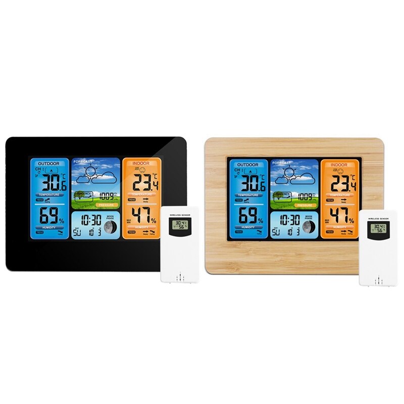 2 Set Digitale Weerstation Thermometer Hygrometer Barometer Klok-Zwart & Hout Kleur