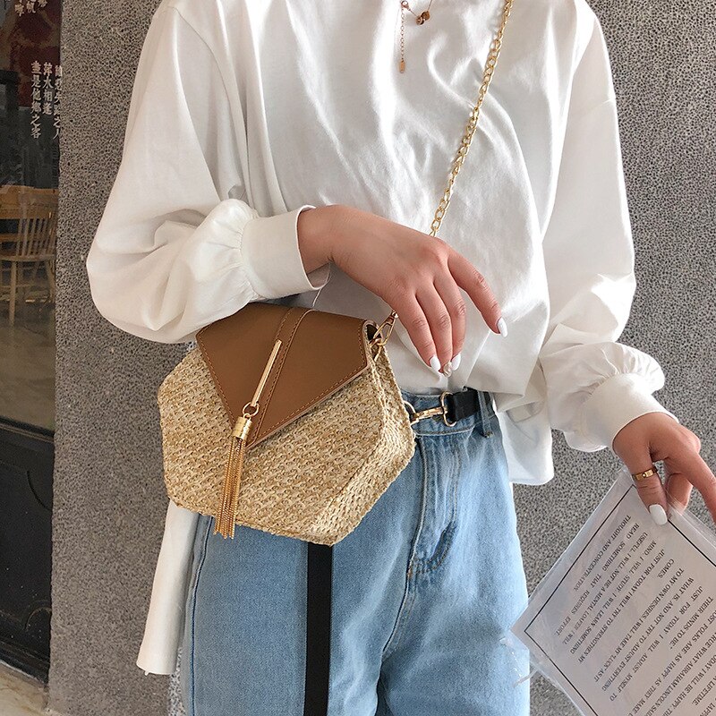 Bandoleras de mimbre estilo bohemio para mujer, bolso cruzado tejido de mimbre hexagonal , bolsos de paja de playa para verano para mujer, bolsos pequeños hechos a mano