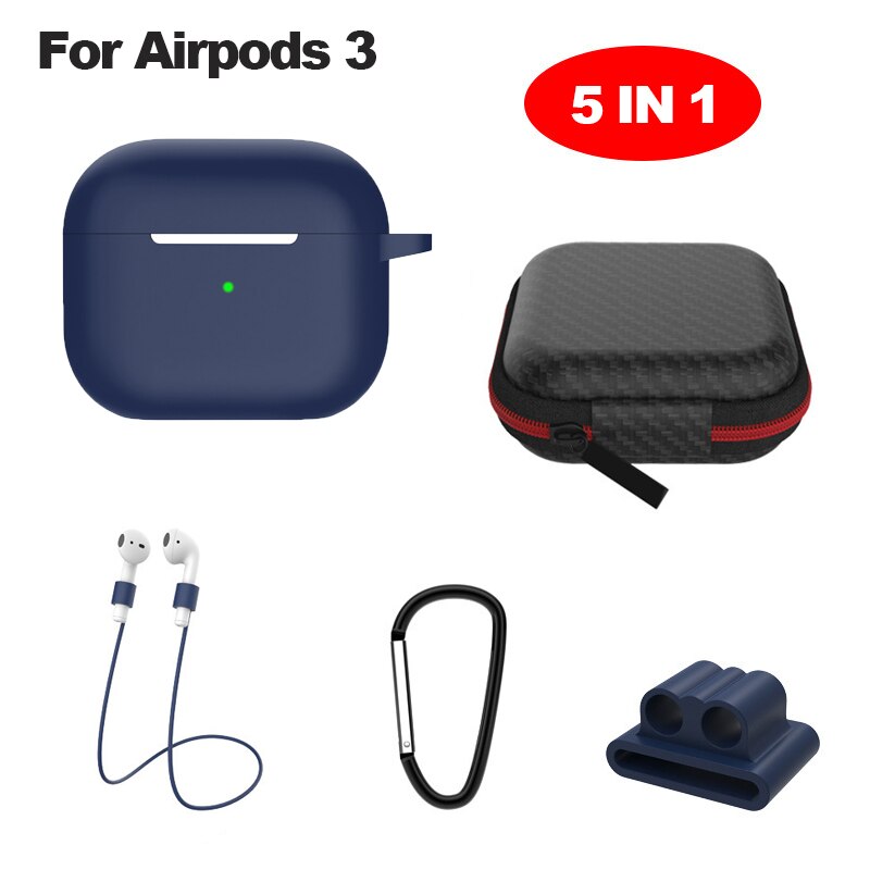 6 In-1 Case Lanyard Karabijnhaak Beschermhoes Voor Airpods 2 3 Hoofdtelefoon Siliconen Cover Voor Air Pods 2 3 Pro Case Accessoires Doos: blue for airpod 3