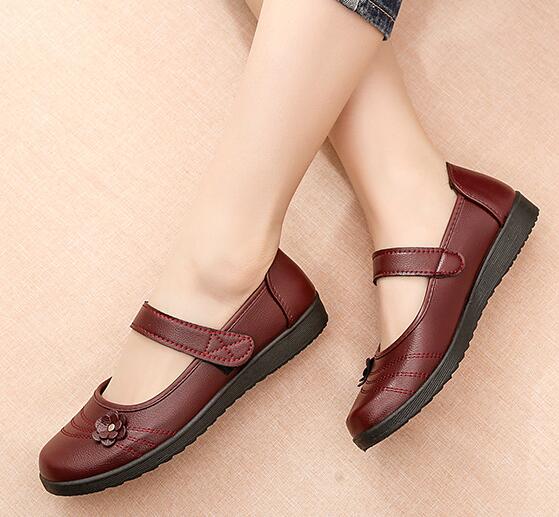 Women Mary Janes Flats Leather shoes women cheap comfort female flats flower casual shoes woman Round Toe flat black shoes: Red / 8.5
