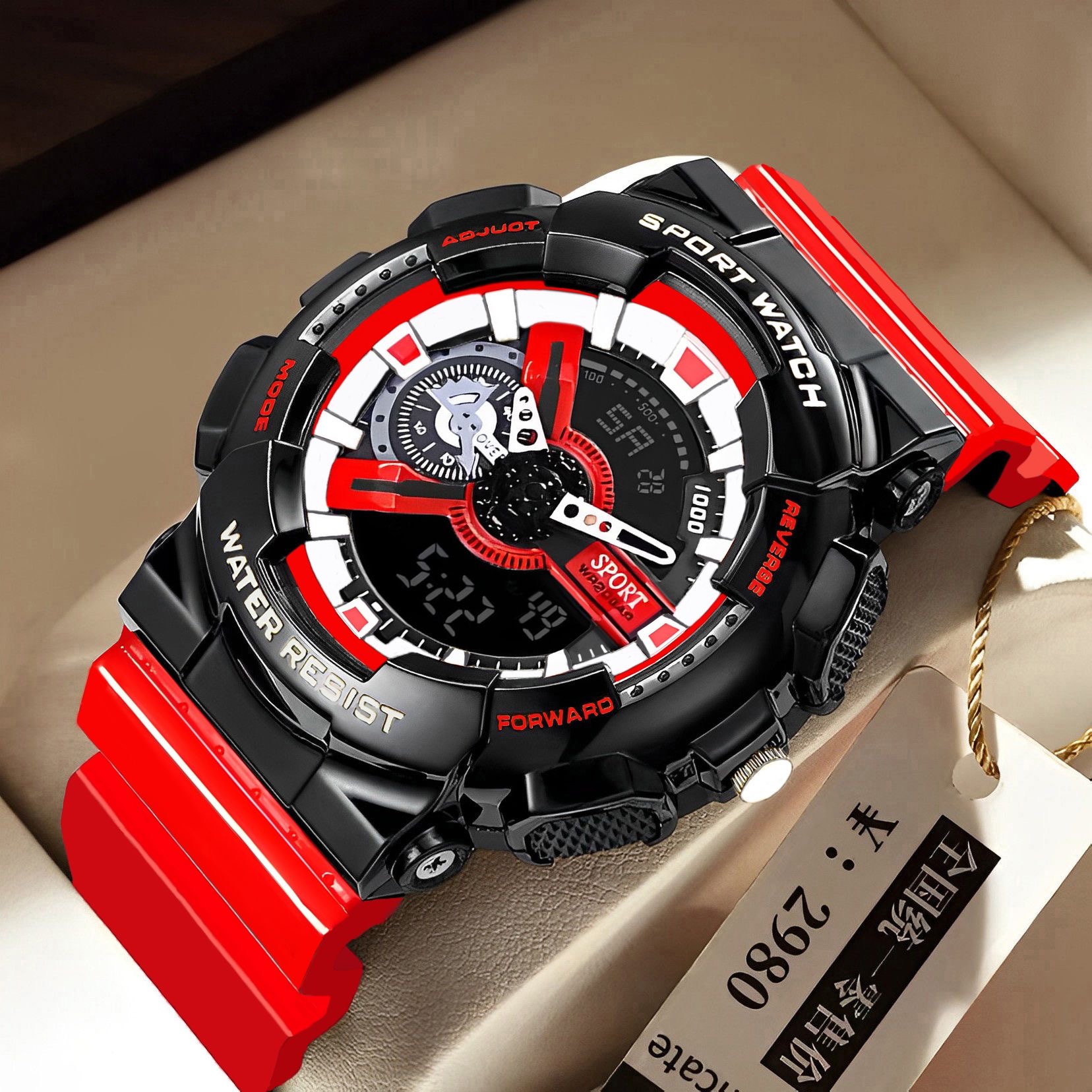 Achengy Jugend Sport Digitaluhr Männer stoßfest wasserdicht Doppel armbanduhren LED Wecker Herren uhren coole: Rot