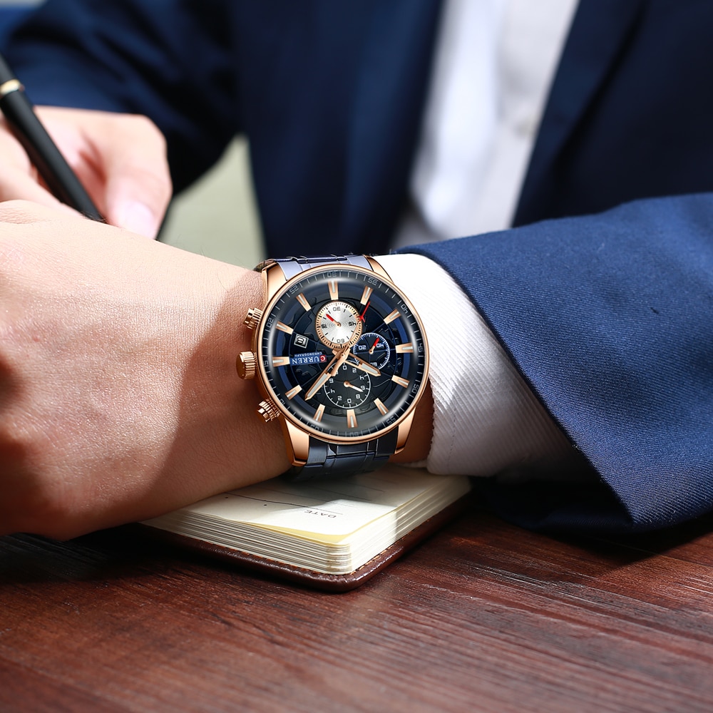Curren Horloges Heren Mode Sport Horloge Met Chronograaf Lichtgevende Handen Klok Mannelijke Horloge Blauw Rvs Band