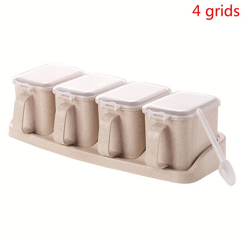 1 Set Salt Spice Jar Seasoning Containers With Spoon Storage Condiment Box: beige 4 grids