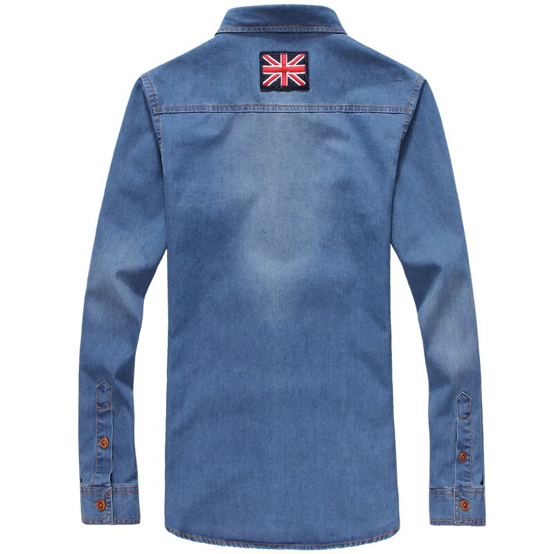 Two Front Pockets Spring Autumn Men Denim Shirt Long Sleeve Soft 100% Cotton Slim Jeans Cowboy Slim Shirt 5XL