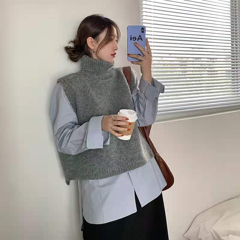 Mjuk ulltröja väst kvinnor vinter koreansk stil vintage turtleneck ärmlös tröja lös väst stickad linne  t561