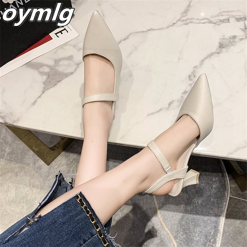 Sandals women&#39;s summer 2022 thick heels high heels soft leather toe cap back empty women&#39;s shoes high heels