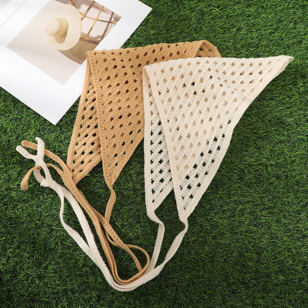 Francês oco triângulo bandana toalha para mulheres bege crochê headbands bandana verão viagem literária foto lenço de cabelo bandas