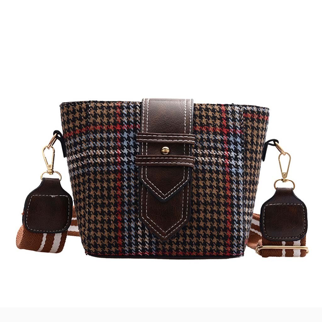 Bolso de hombro para mujer bolso de hombro de lana bolso de mensajero a cuadros bolso de cubo de Casual pequeño paquete cuadrado Torebki Damskie # ss: Brown